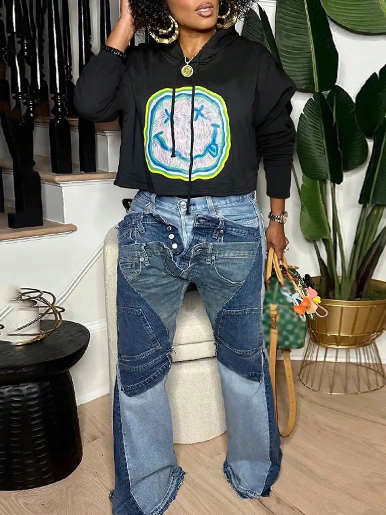 GLOURI Women's Flare Jeans, Vintage Washed High Stretch Deconstructed Denim Pants with Pockets, Casual Bell Bottom Jeans
