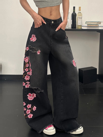 Women's European And American Style Floral Embroidered Black Loose Wide-Leg Jeans, Street Trend, Fashionable And Versatile, Soft And Comfortable High-Waisted Straight Trousers
