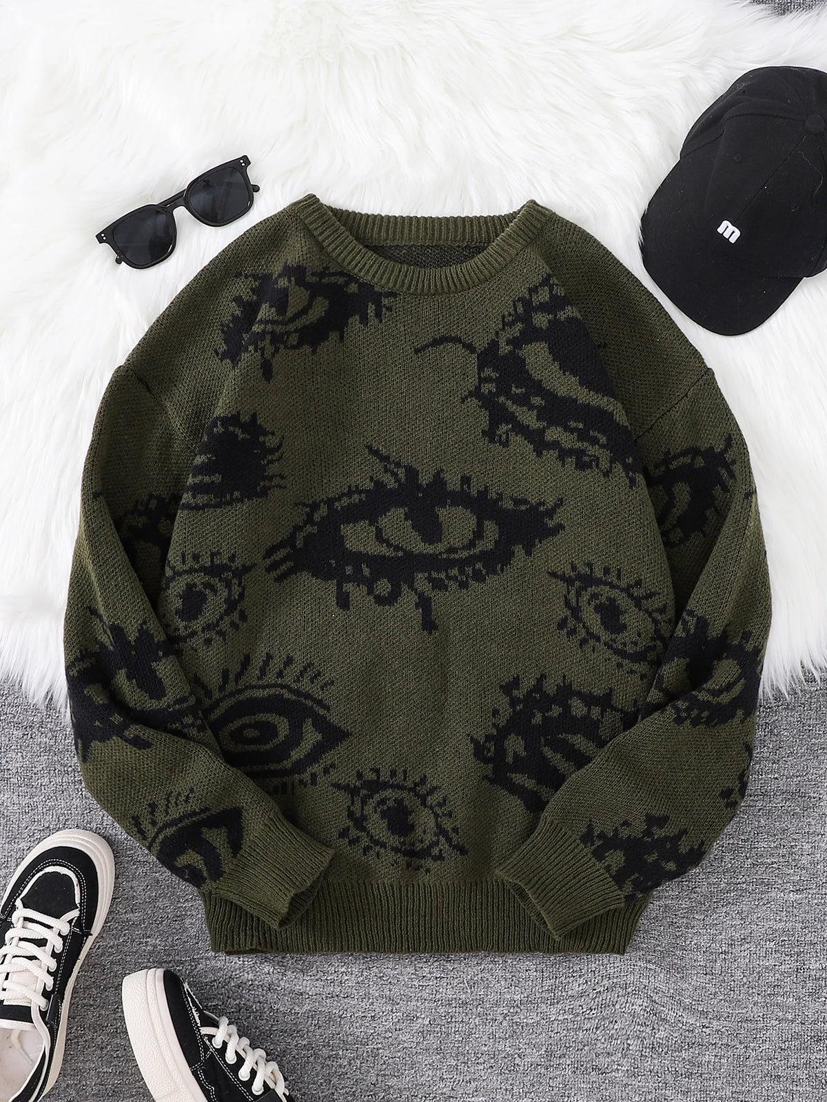 New Trendy Autumn and Winter Abstract Eye Jacquard Pattern Pullover Sweater Casual Round Neck Knitted Men's Pullover