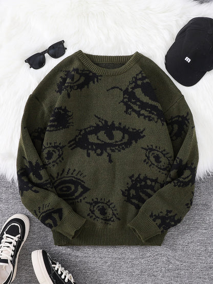 New Trendy Autumn and Winter Abstract Eye Jacquard Pattern Pullover Sweater Casual Round Neck Knitted Men's Pullover