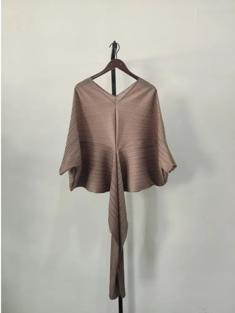 Fold Elegant Pleated V-neck Batwing Elastic Sleeve Mid-calf Dress Women Loose Solid Color 2025 Summer Female New Clothing