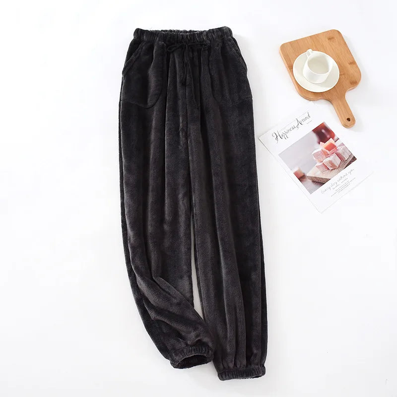Men Sleep Pants Warm Pants Long Pants Fall Winter Flannel Elastic Cuff Loungewear Pants Loose Fit