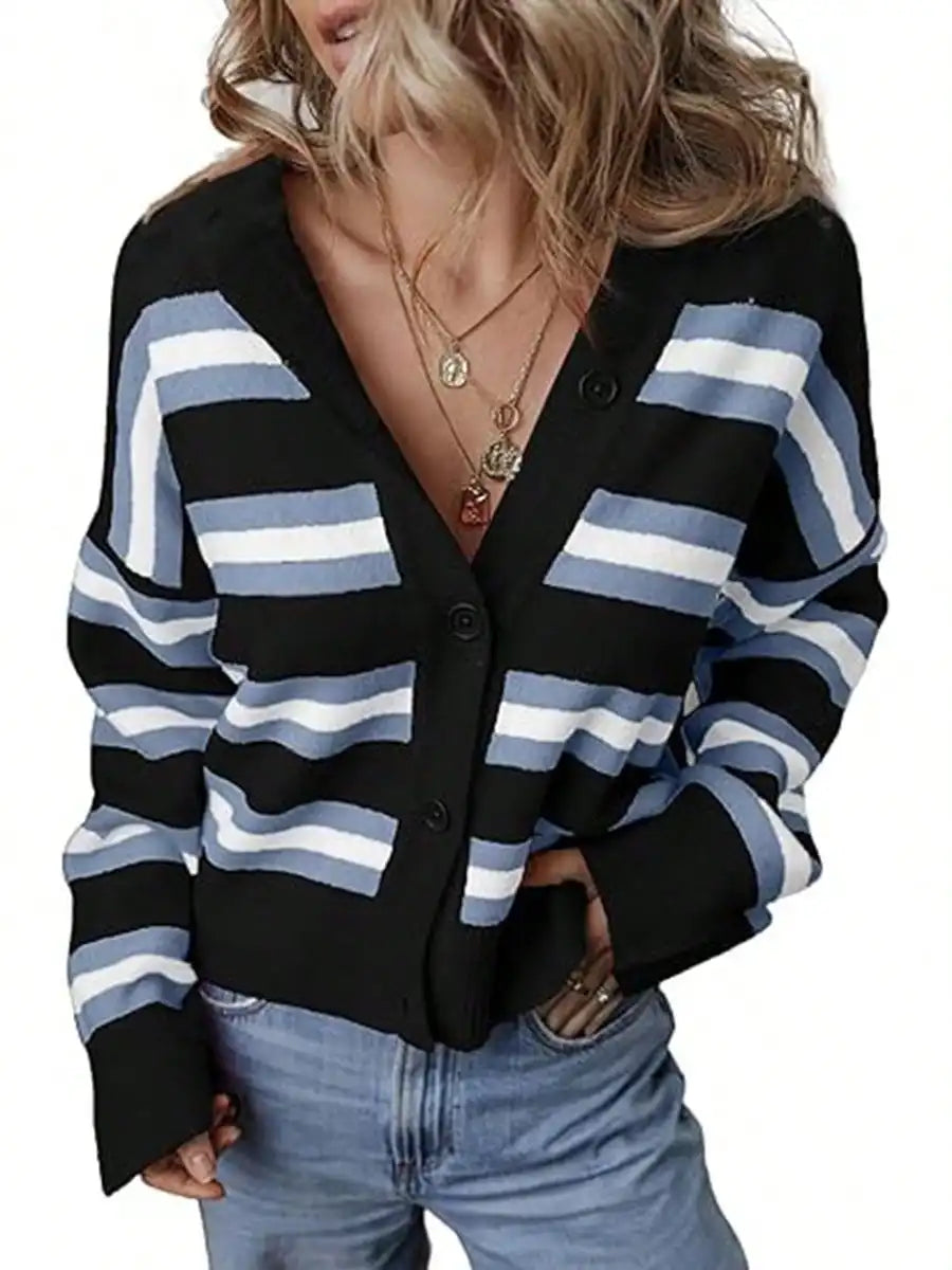 Womens Long Sleeve Cropped Striped Chunky Knit Cardigans Sweaters Long Sleeve Lightweight Open Front Button Tops Outfits