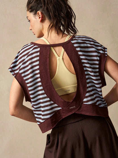 Women Striped Open Back Workout Top Gym Crop Top Summer Active Wear