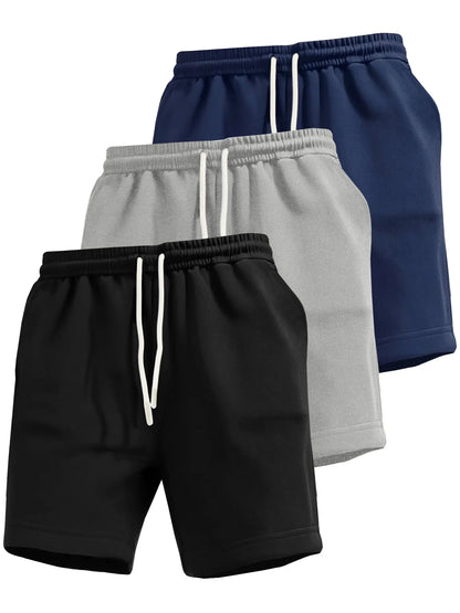 3-piece men's shorts, summer solid color drawstring waist