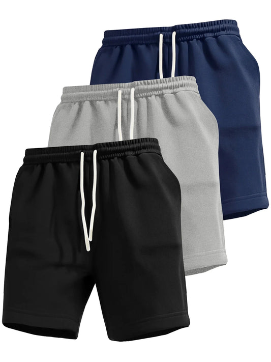 3-piece men's shorts, summer solid color drawstring waist