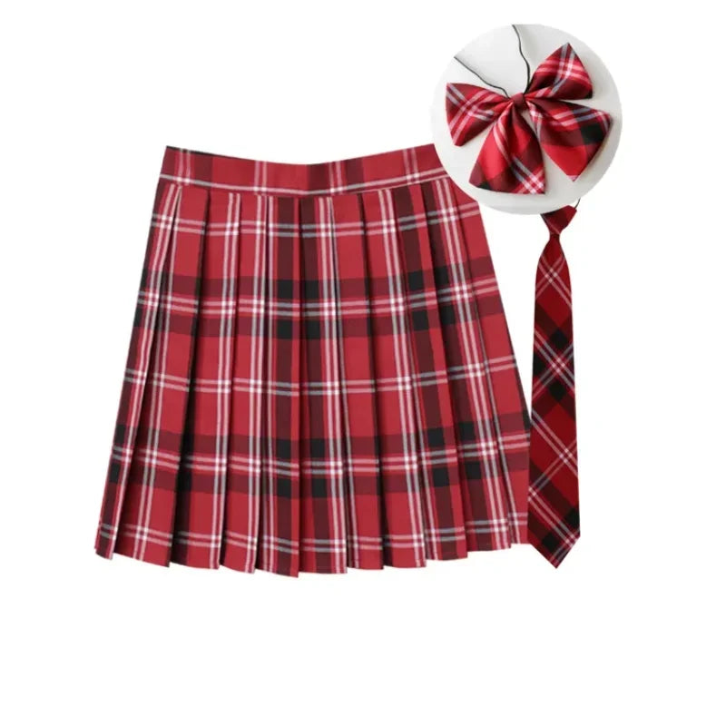 Women Summer Plaid Pleated Skirt With Necktie Bowtie Korean Jk Skirt Uniform Japanese School Preppy A Line Mini Skirts