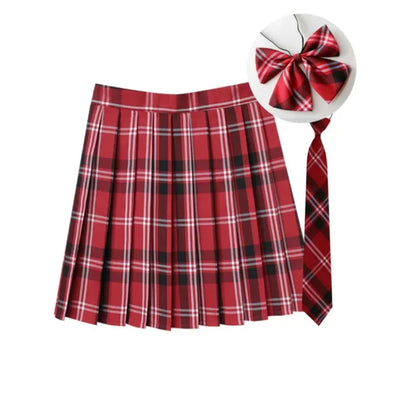 Women Summer Plaid Pleated Skirt With Necktie Bowtie Korean Jk Skirt Uniform Japanese School Preppy A Line Mini Skirts