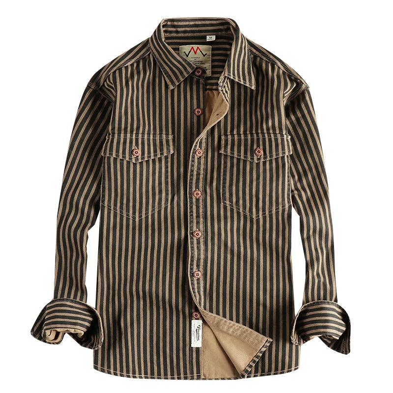 2025 Autumn and Winter New American Retro Stripe Long-Sleeve Lapel Shirt Men's Simple Fashion Washed Multi-Pocket