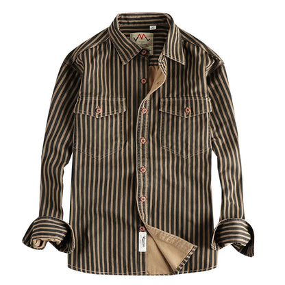 2025 Autumn and Winter New American Retro Stripe Long-Sleeve Lapel Shirt Men's Simple Fashion Washed Multi-Pocket