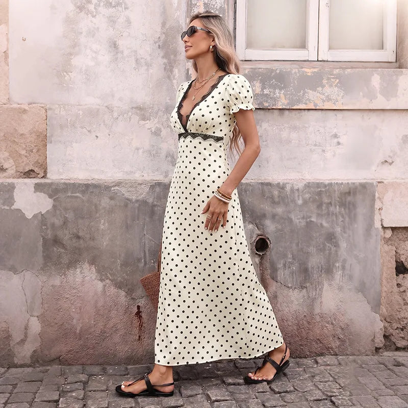 Women's Summer French Vintage Polka Dot Dress Sexy V Neck Lace Trim Short Sleeve Long Maxi Dress Vacation Beach Outfit 2026