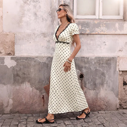 Women's Summer French Vintage Polka Dot Dress Sexy V Neck Lace Trim Short Sleeve Long Maxi Dress Vacation Beach Outfit 2026