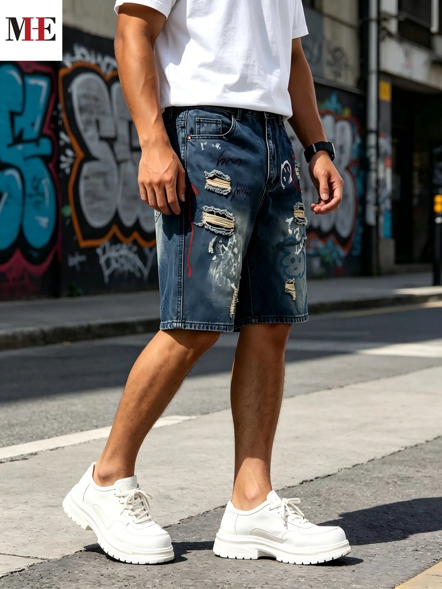 HME Loose Straight Denim Pants, Men's Vintage Knee Shorts with Unique Graffiti Artwork & Washed Denim Craft