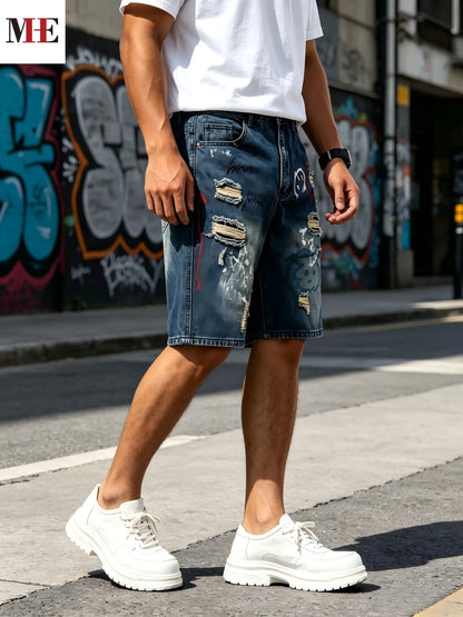 HME Loose Straight Denim Pants, Men's Vintage Knee Shorts with Unique Graffiti Artwork & Washed Denim Craft