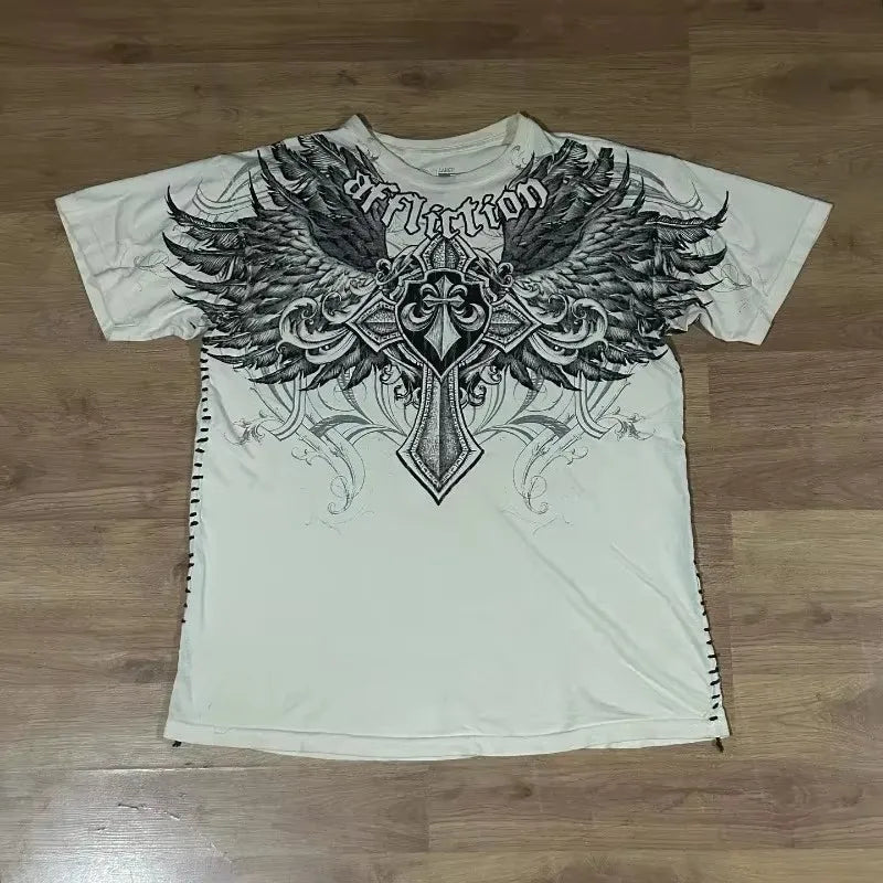 2000s American Skull Pattern Long sleeved T shirt Fashion Round Neck Oversized T shirt New Mens Casual Gothic Clothing Tops
