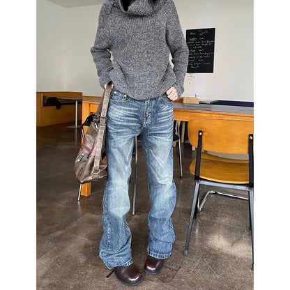 Blue Straight Leg Slim Fit Jeans Women's American Retro  Casual Cotton Denim Pants Youth Stand Fit Jeans