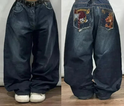 Street Fashion Trend Skull Embroidered Jeans Women Straight Wide-leg Pants Couple Casual Jeans