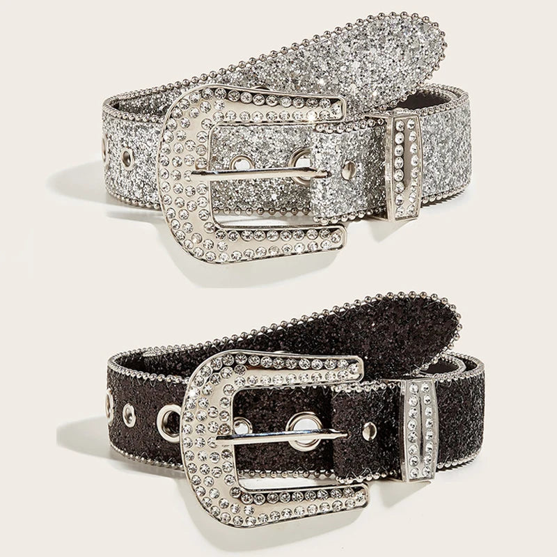 Gothic Black Silver Metal Buckle Rhinestone Belt Luxury Desiner Four Seasons Y2K Womens Jeans Belt Plus Size Men's Waistband