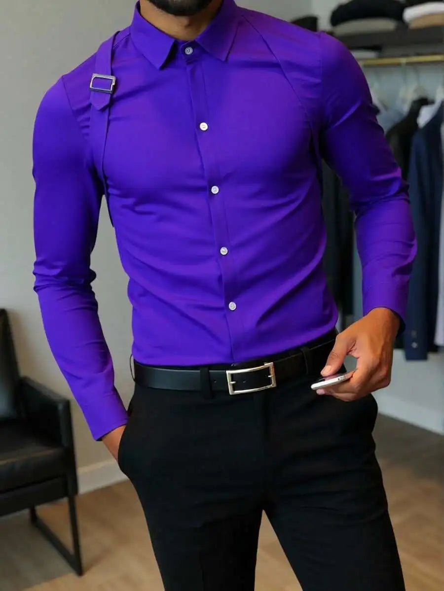 Men's Solid White Long Sleeve Button-Up Shirt Casual Business Style