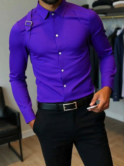 Men's Solid White Long Sleeve Button-Up Shirt Casual Business Style