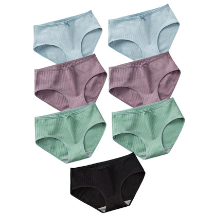 7Pcs/Set Women Cotton Ribbed Panties Mid-Rise Briefs with Bow Detail Comfort Breathable Underwear Sexy Lingerie Intimates M-XL