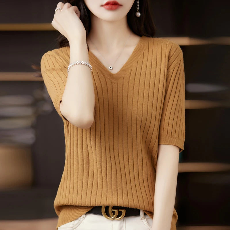 Women's Sweater Spring Summer Short Sleeve V-neck Knit Shirt Casual Pullovers Stripe Bottoming Shirt Slim Fit Jumpers