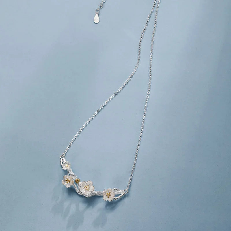 Silver Necklaces Plum Flower Pendants&Necklaces Jewelry Collar Colar de Plata