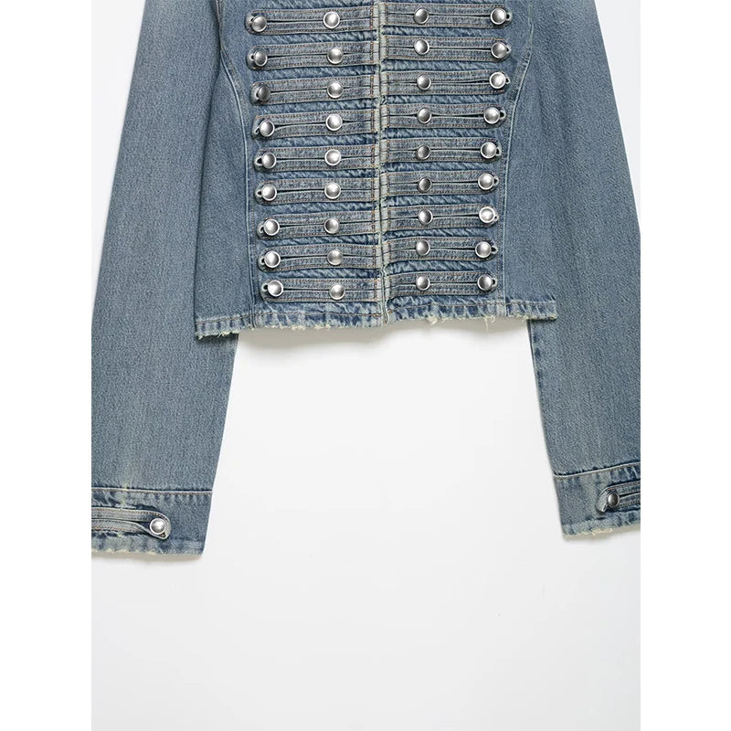 YENKYE Women's Cropped Denim Jacket Front Button Frayed Hem Stand Collar Streetwear Coat