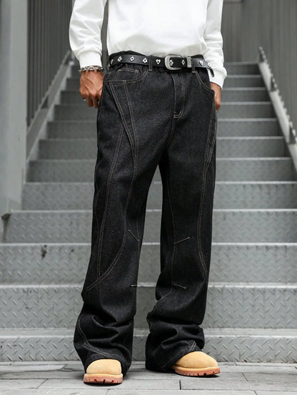 Men's Fashion Trend Casual Patchwork Distressed Flared Black Jeans, Loose, Comfortable, and Breathable Style.