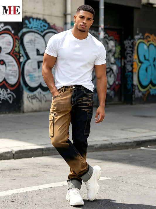 【HME】Men's jeans | Two-tone split gradient slim straight denim pants with dual side cargo pockets, stretch soft anti-fade contrast wash denim fabric, avant-garde street unique color block men's fashion denim pants.