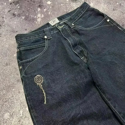 Street Fashion Trend Skull Embroidered Jeans Women Straight Wide-leg Pants Couple Casual Jeans