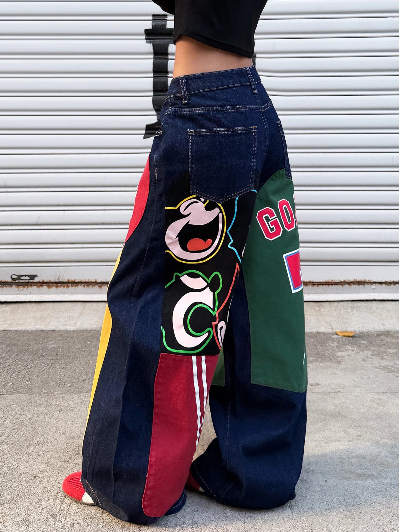 American Retro Alphanumeric Cartoon Printed Button-Down Design Cocoon Jeans, Y2K Street Hip-Hop Fashion Versatile Wide-Leg Pants For Women