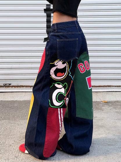 American Retro Alphanumeric Cartoon Printed Button-Down Design Cocoon Jeans, Y2K Street Hip-Hop Fashion Versatile Wide-Leg Pants For Women