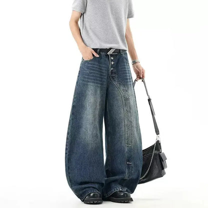 QICHE Men American Vintage Irregular Deconstructed Curved Jeans Loose Wide Leg Designer Casual Trousers