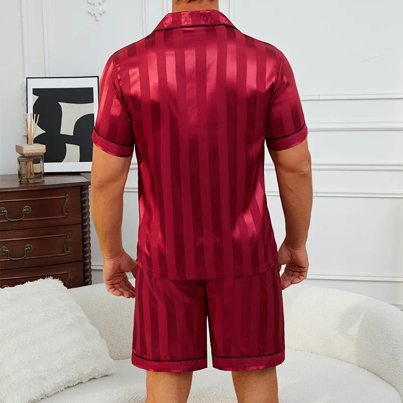 Men's Satin Stripe Print Design Short Sleeve Pajama Set Soft Comfortable Sleepwear