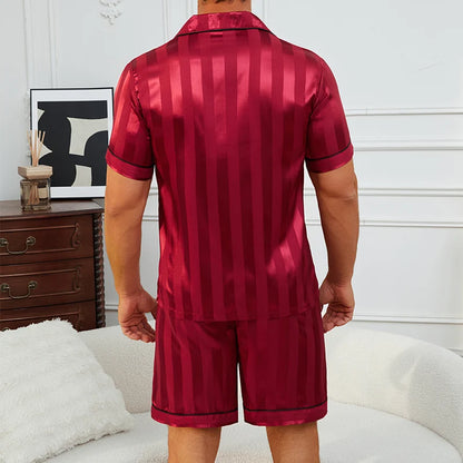 Men's Satin Stripe Print Design Short Sleeve Pajama Set Soft Comfortable Sleepwear