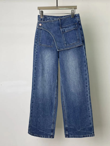 American Style Women's Vintage Washed Denim Pants High Waist Irregular Loose Wide Leg Trousers All-match Ladies Jeans