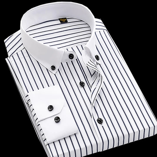 Men's pure cotton long sleeved shirt slim fit high-end light luxury 100 count striped heterochromatic collar wrinkle resistant