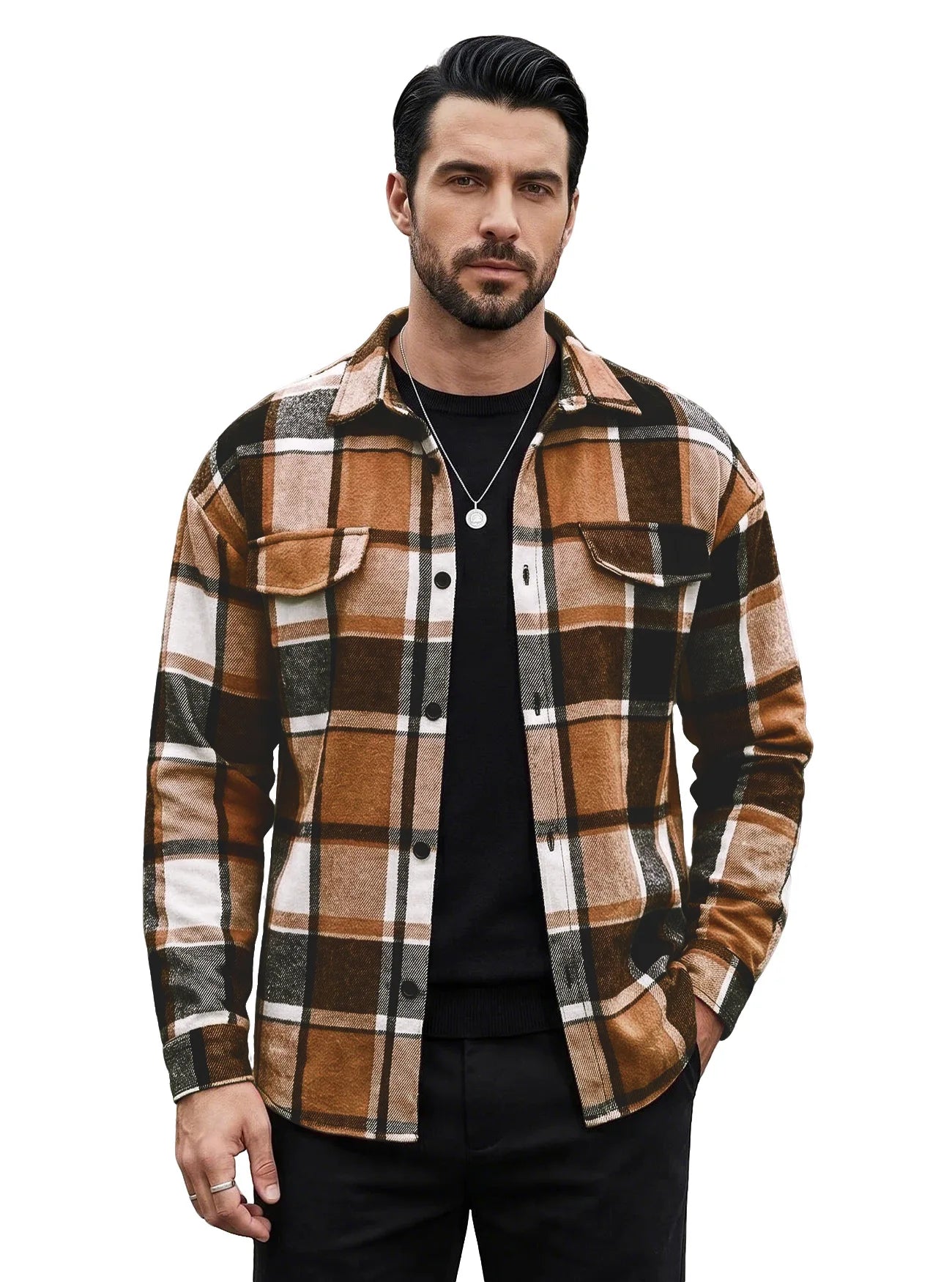 Men's Plaid Flannel Shirt Long Sleeve Button Down Casual Shacket with Flap Pockets Autumn Winter Streetwear Top