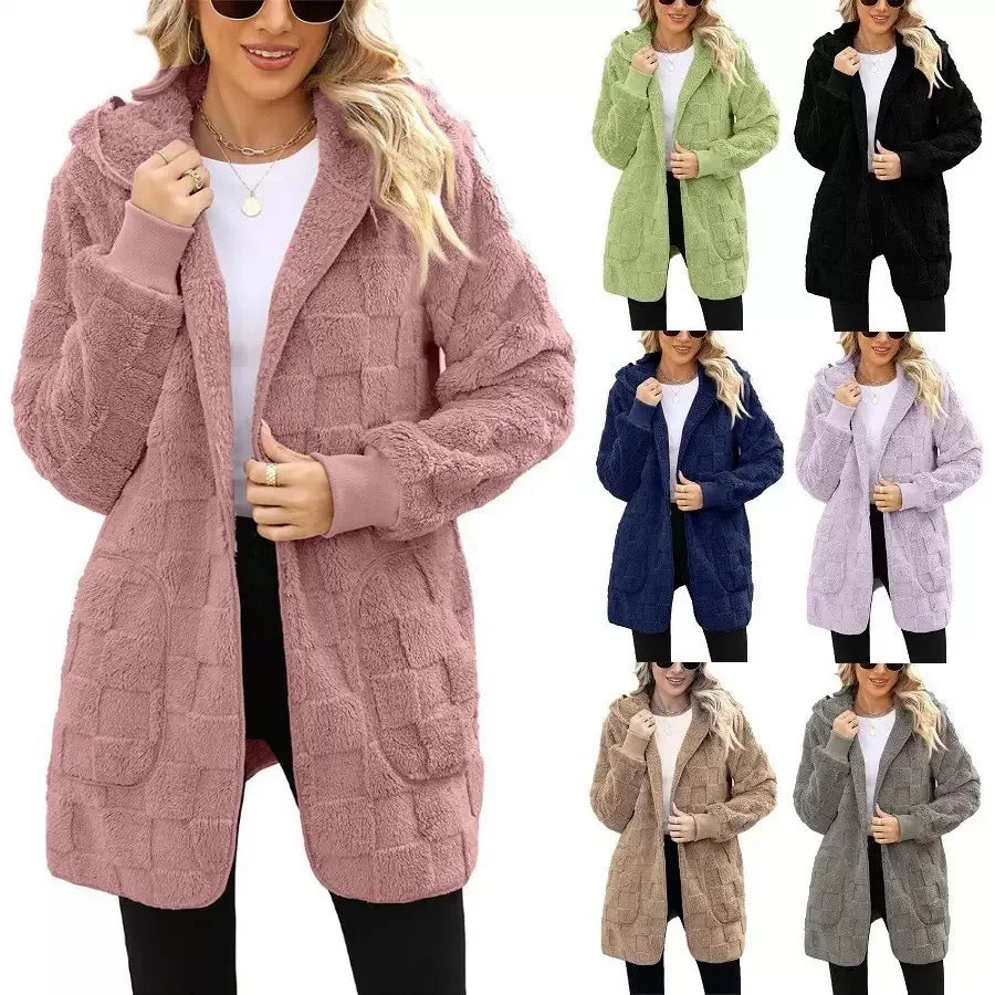 Autumn Winter Women Hooded Plush Velvet Jacket cardigan coats Oversized