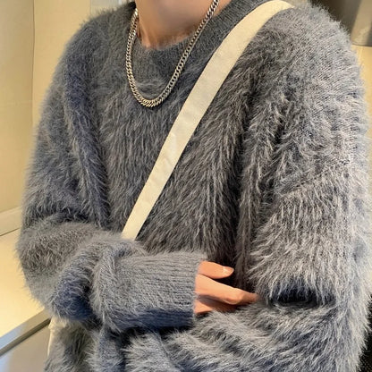 Mink fur soft and sticky sweater, men's trendy, high-end, lazy style, knitted base sweater, autumn and winter thick