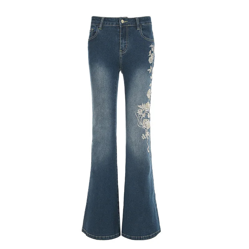 2026 Denim Trousers Y2K Flare Pants Jeans Women Embroidery Boot Cut Low Waist Washed Distressed Pockets Floor Length Streetwear