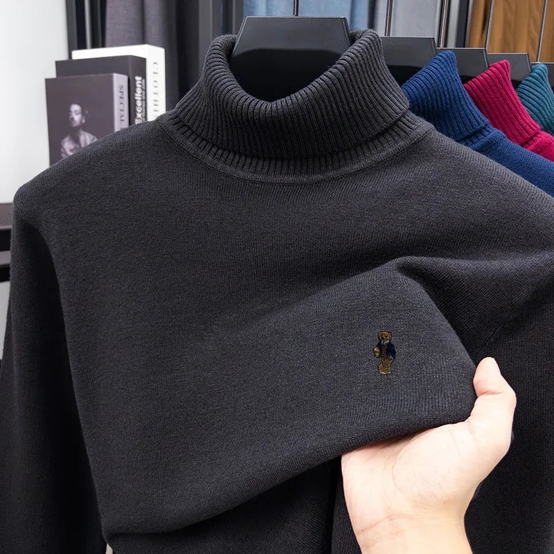 High-End Man Spring Long-Sleeved Knitwear Bear Print High Neck Hot Pullover Versatile Trend Leisure Warm Sweater Men's Clothing