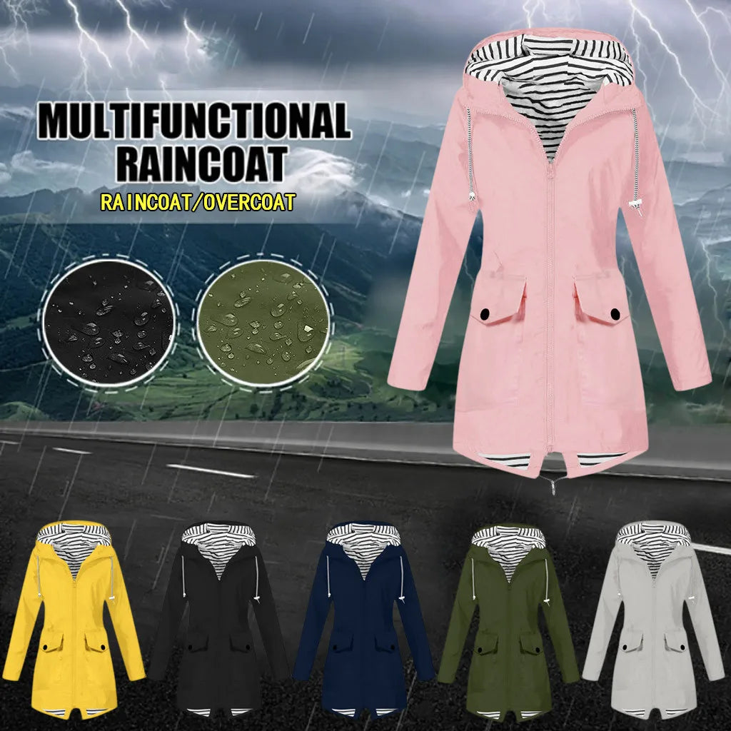 Waterproof Windproof Rain Jacket Womens Fall Winter Striped Lined Mid Length Rain Coat Long Sleeve Zip Up Overcoat Cold Weather