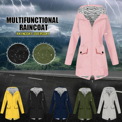 Waterproof Windproof Rain Jacket Womens Fall Winter Striped Lined Mid Length Rain Coat Long Sleeve Zip Up Overcoat Cold Weather