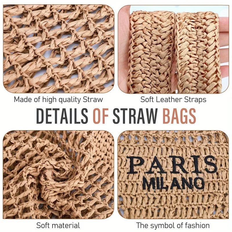 Summer Straw Beach Bag New Woven Bag Straw Mesh Tote Bag Foldable Large Capacity Womens Crossbody Shoulder Bag Purse for Holiday