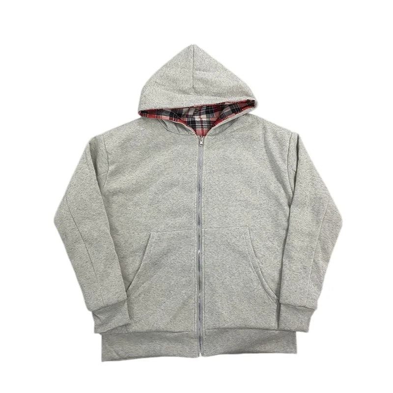 Autumn new hoodie with plaid lining and zipper cardigan, double-sided hoodie, street original style jacket for men