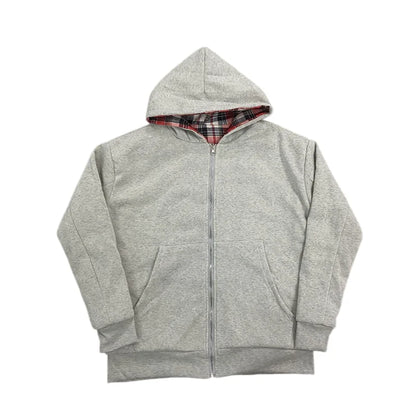 Autumn new hoodie with plaid lining and zipper cardigan, double-sided hoodie, street original style jacket for men