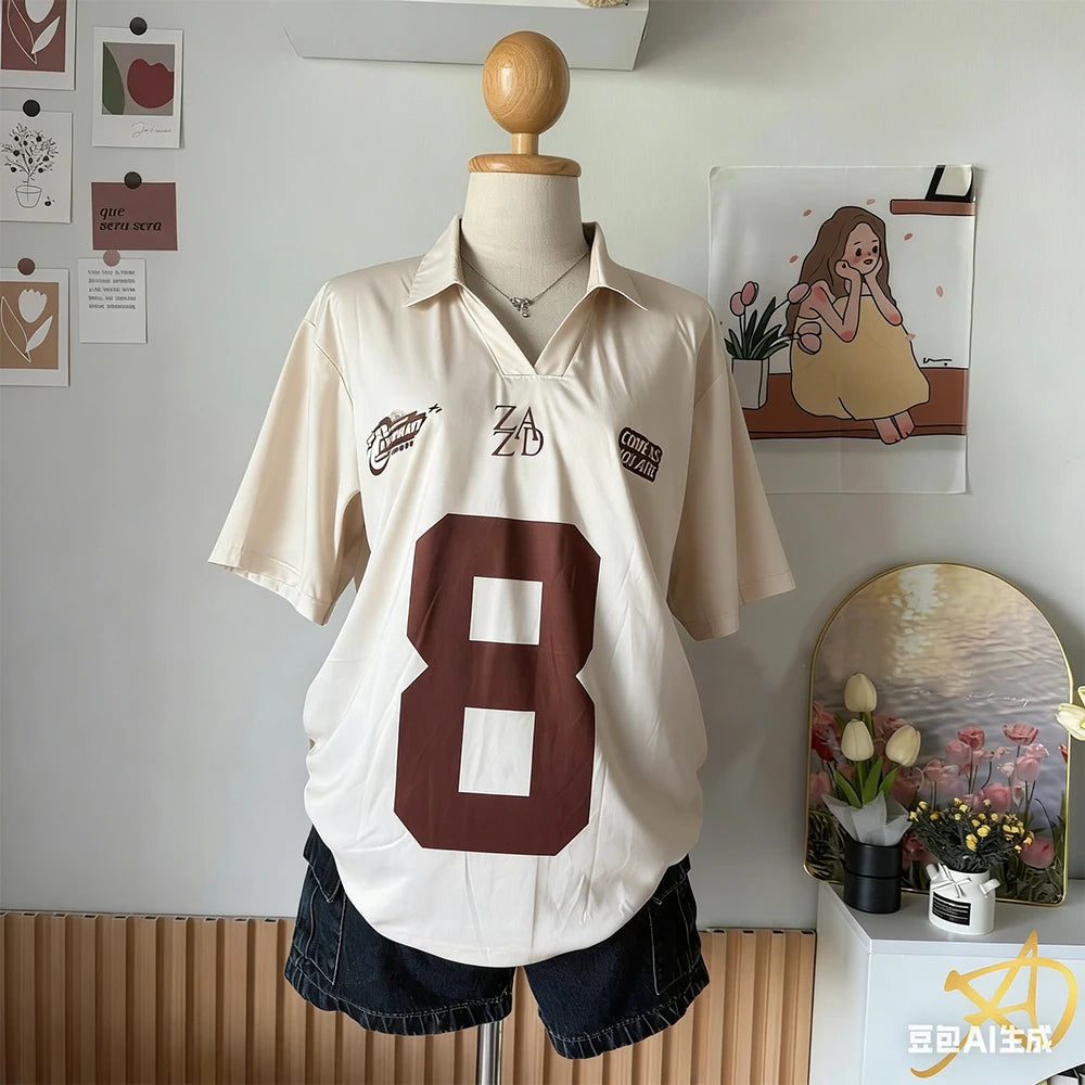 Summer Women's New No.8 Oversized Short sleeved T-shirt Street Y2K Fashion Leisure Sports Jersey Men Letter Printed Polo Shirt