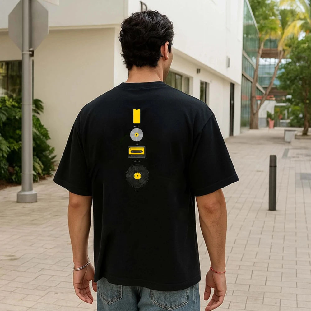 Music Evolution Media Vertical Graphic T-Shirt Men Back Print Cotton Short Sleeve Vinyl Cassette CD Phone Nostalgia Casual Tee
